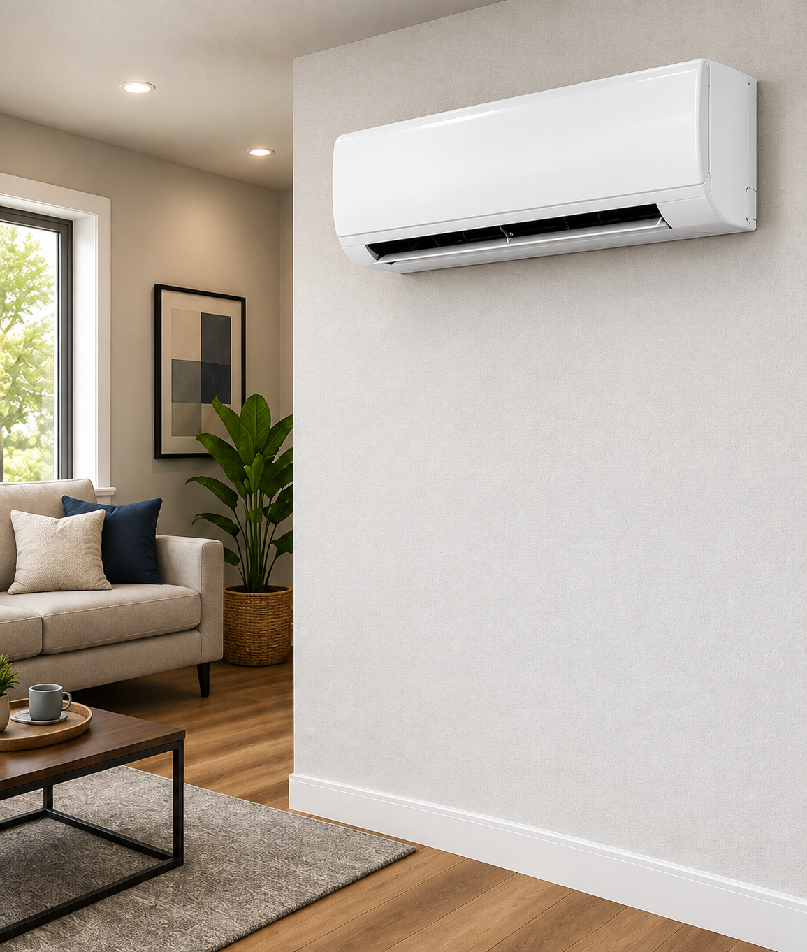 Wall-mounted mini-split heating and cooling a living space